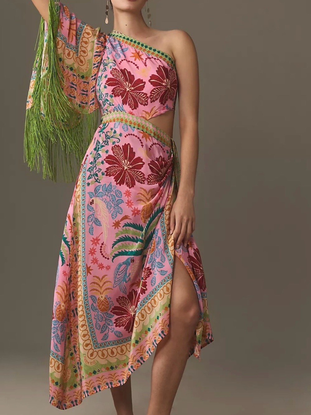 FARM RIO Fruits Queen Scarf Pink One Shoulder Midi Dress. Size L. New With Tags. - Picture 3 of 6
